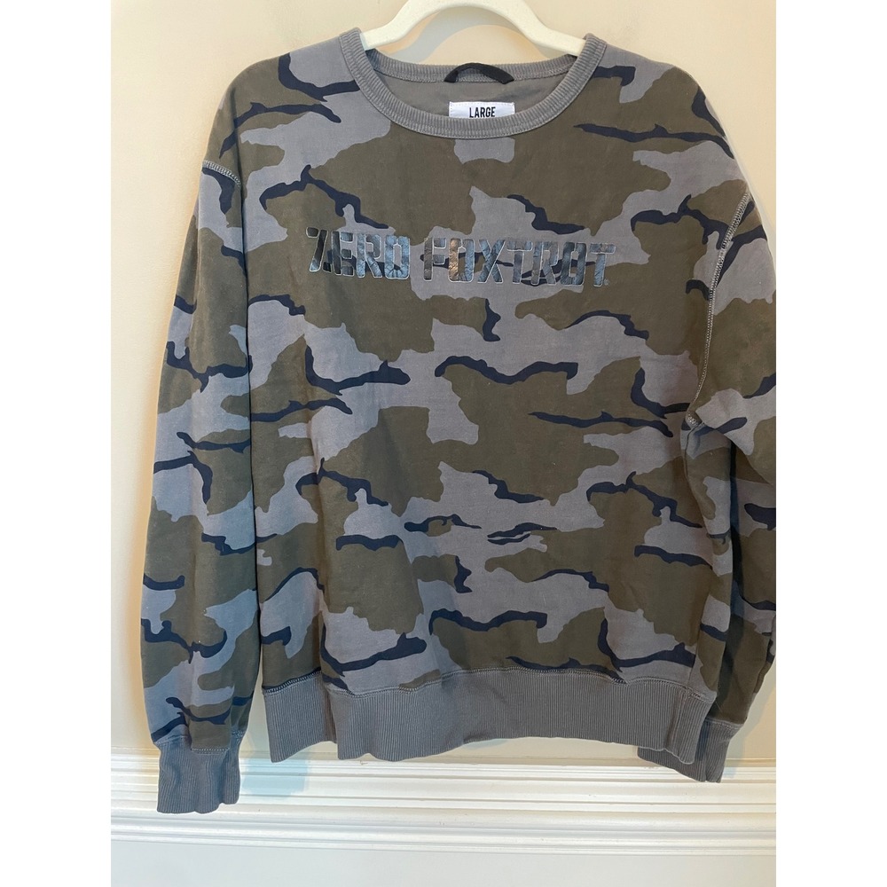 Zero Foxtrot‎ Mens Size L Camo Crewneck Sweatshirt Green Gray Fleece Pullover